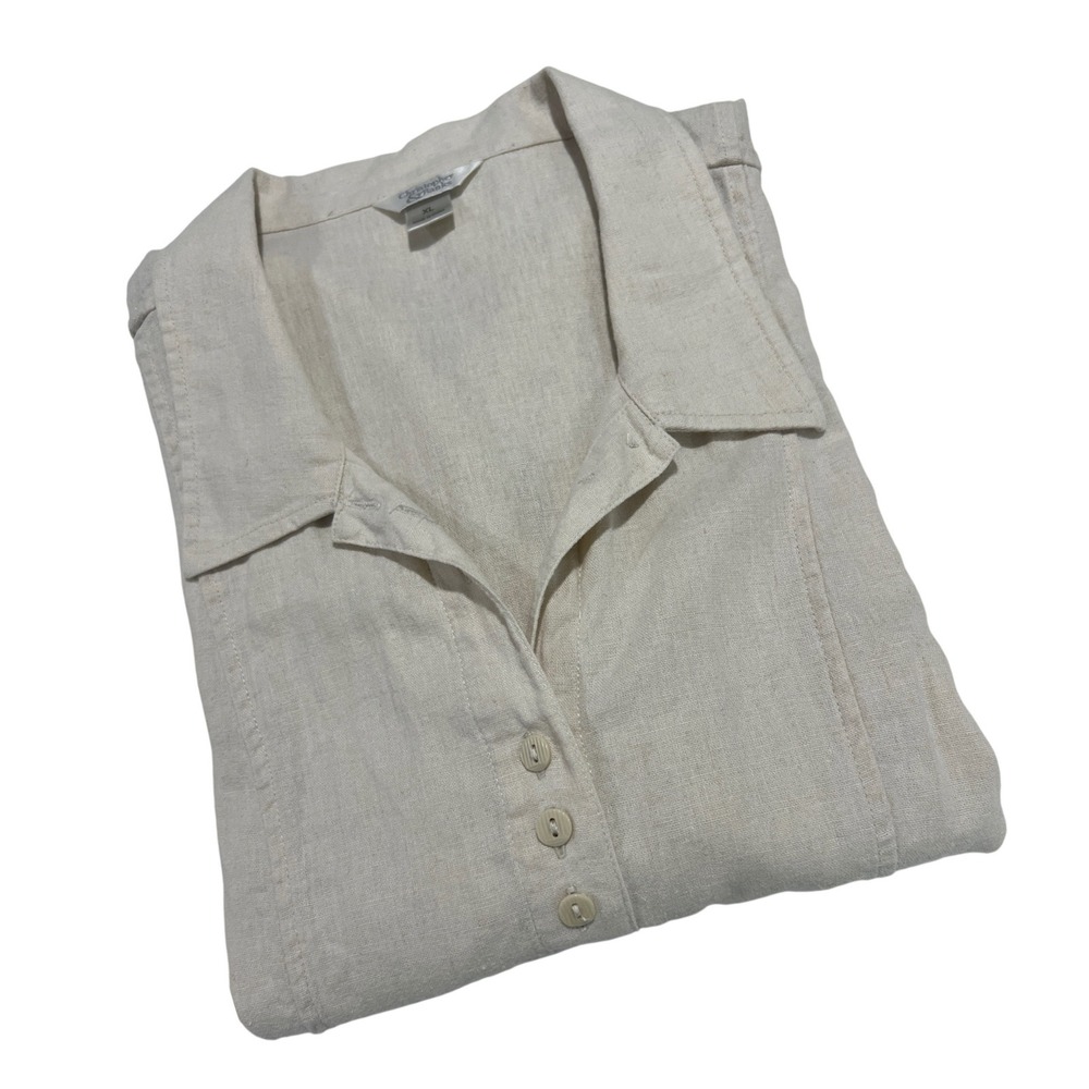 Christopher & Banks Button Up‎ Women XL Beige Linen Blend Pleated Back F10